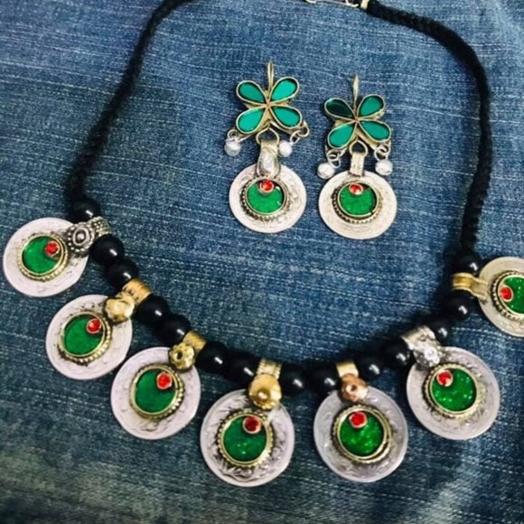 Afghan Tribal Vintage Coins Jewelry Set, Necklace With Earrings, Glass Stones - Picture 3 of 3